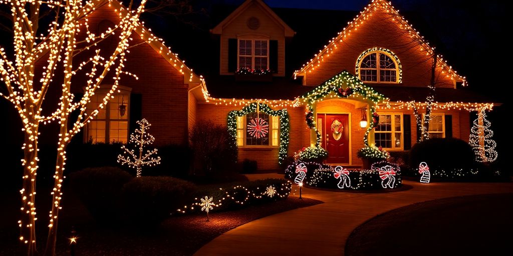 Professionally installed Christmas lights on a home.