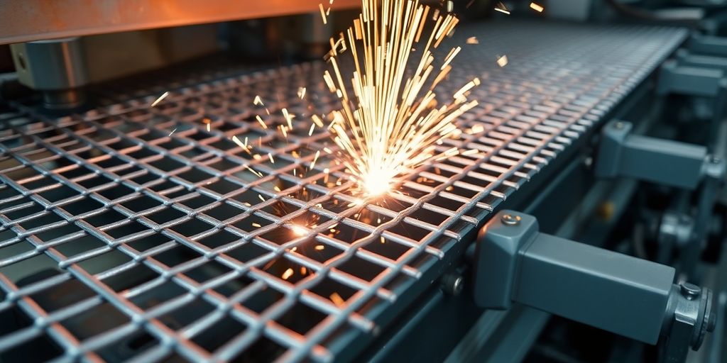 Automated machinery welding galvanized mesh wire.