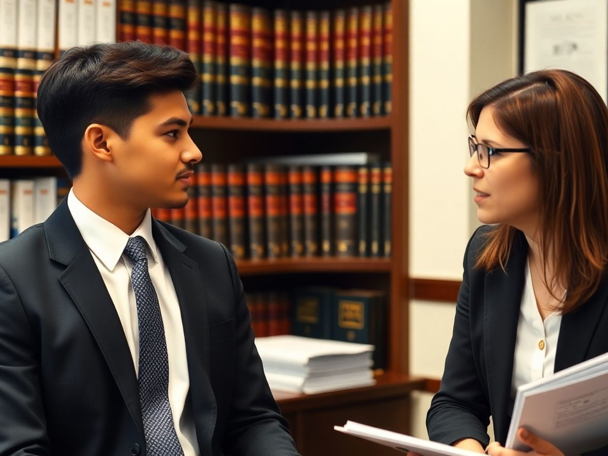 Avocat tânăr discutând cu un mentor în birou.