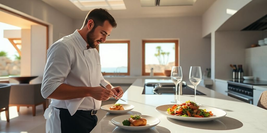 Chef serving gourmet meal at a luxurious Cabo villa.