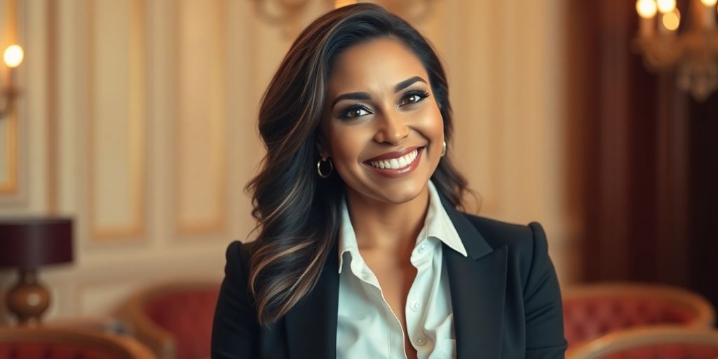 Portrait of Shana Wall in elegant attire, smiling.