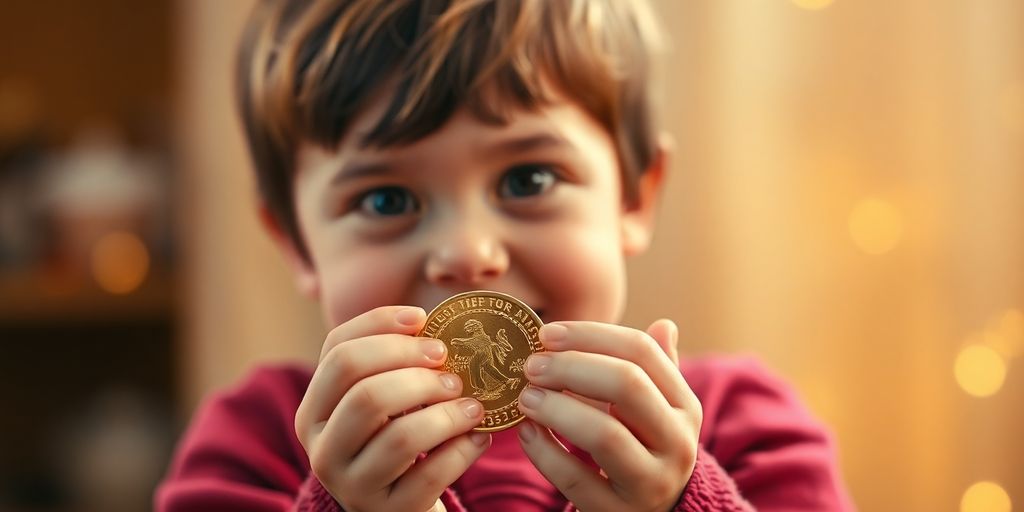 Un enfant tient une pièce d'or, regard curieux.