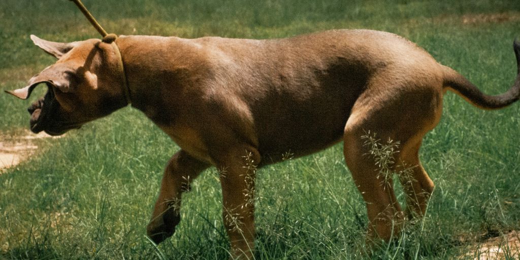 a brown dog walking across a lush green field