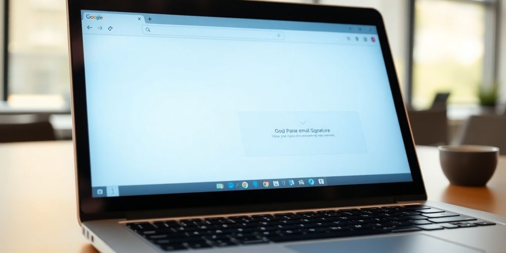Laptop screen displaying a professional email signature.