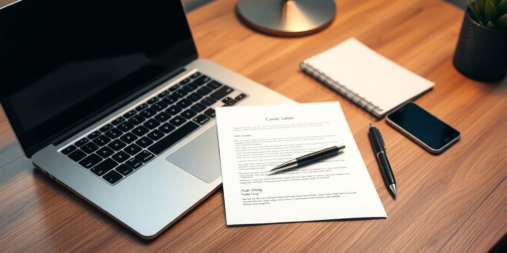 A professional workspace with a laptop and cover letter.