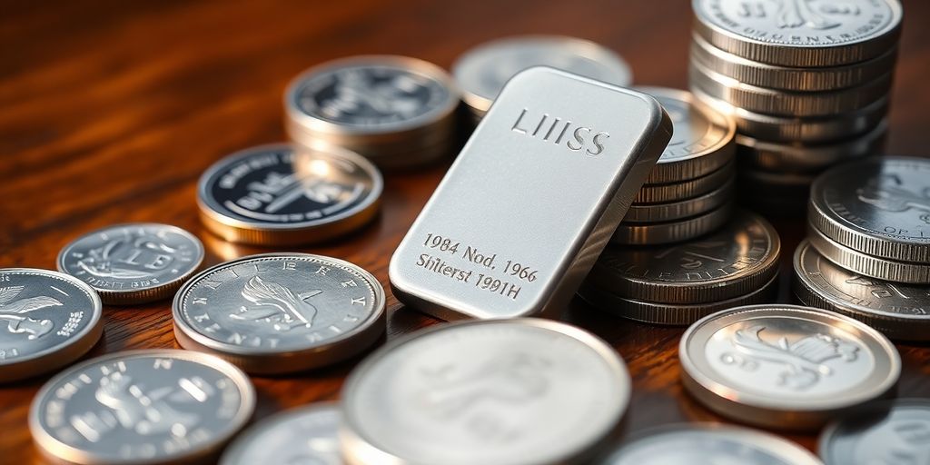 Différents pièces et barres d'argent sur une table en bois.