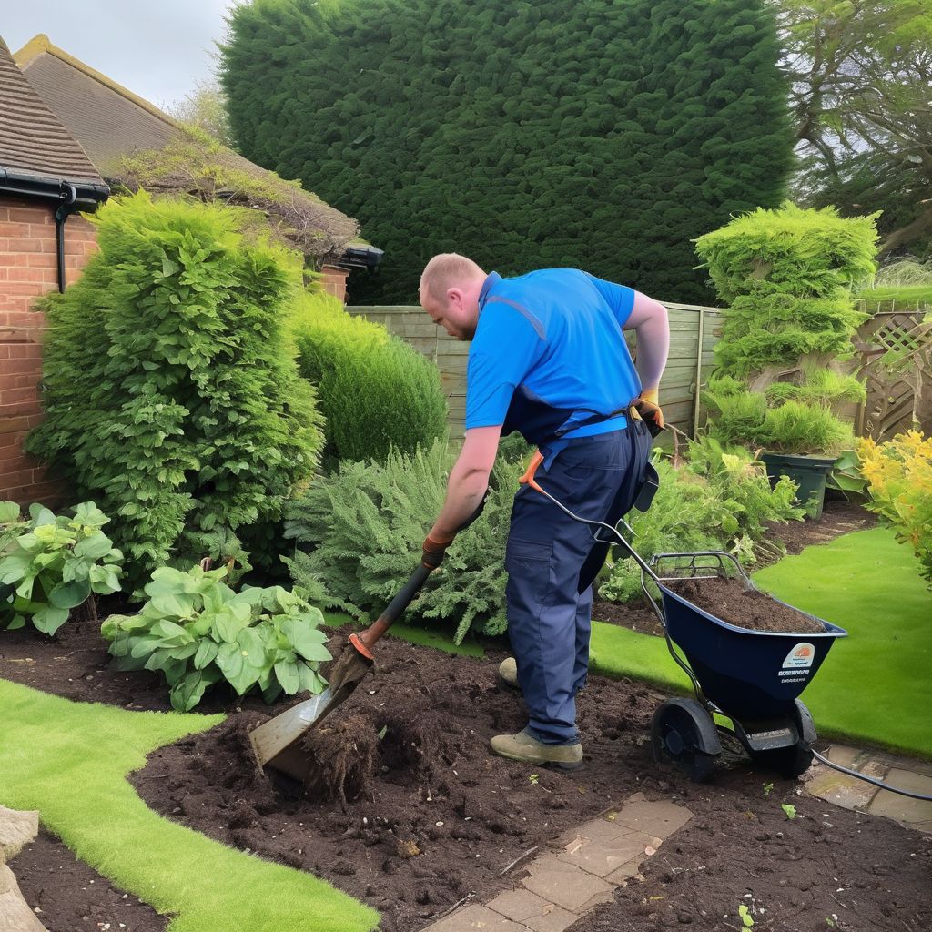 professional garden clearance service team working in a lush garden