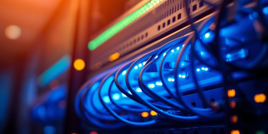 Secure computer network with glowing routers and cables.