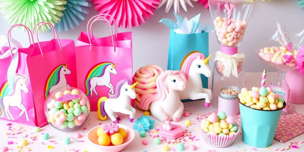 Colourful unicorn party favours on a festive table.