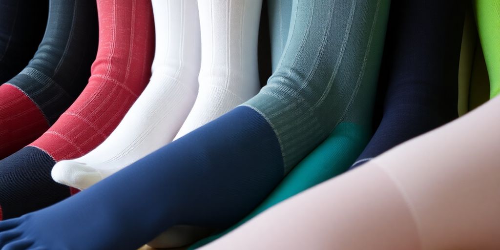 Variety of large compression socks in different colors and styles.