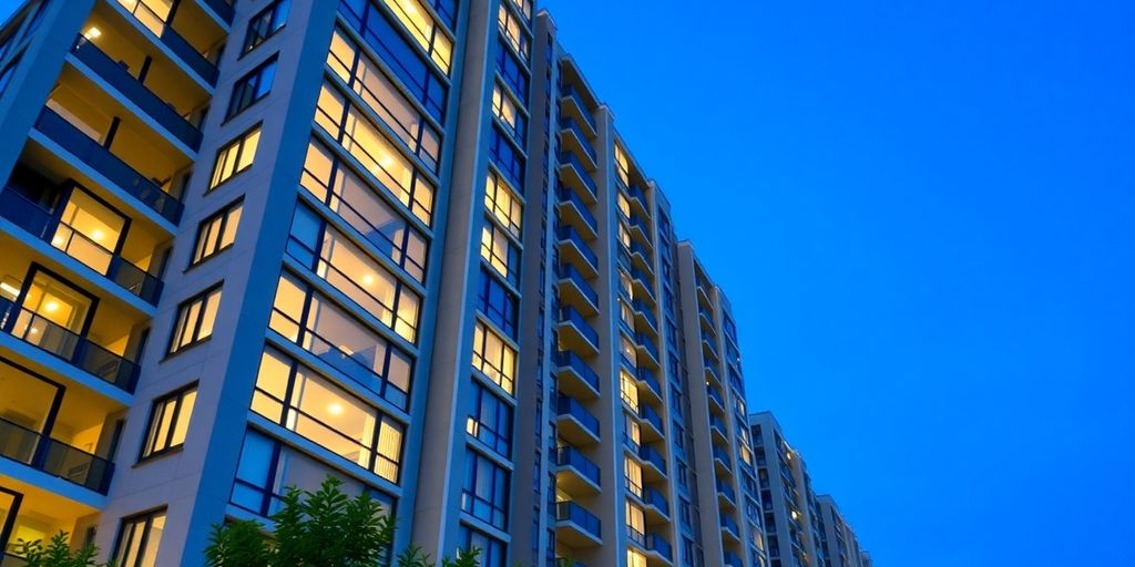 Modern apartment building exterior with warm lighting at dusk.