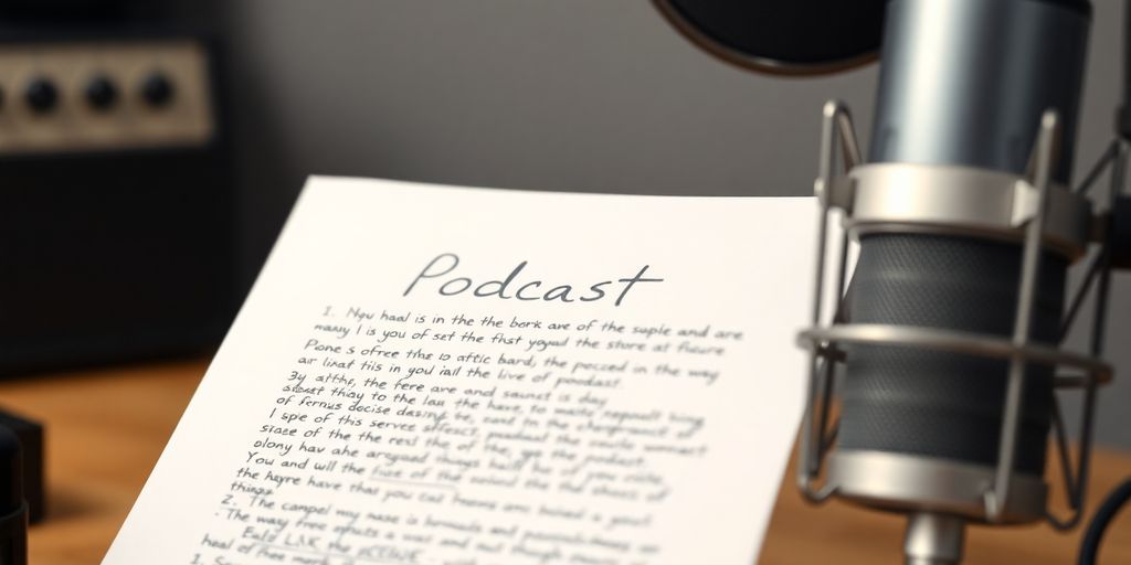 Podcast script template with microphone.