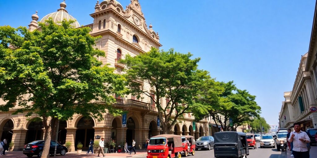 Bustling street scene with historic buildings, Cikini, Jakarta.