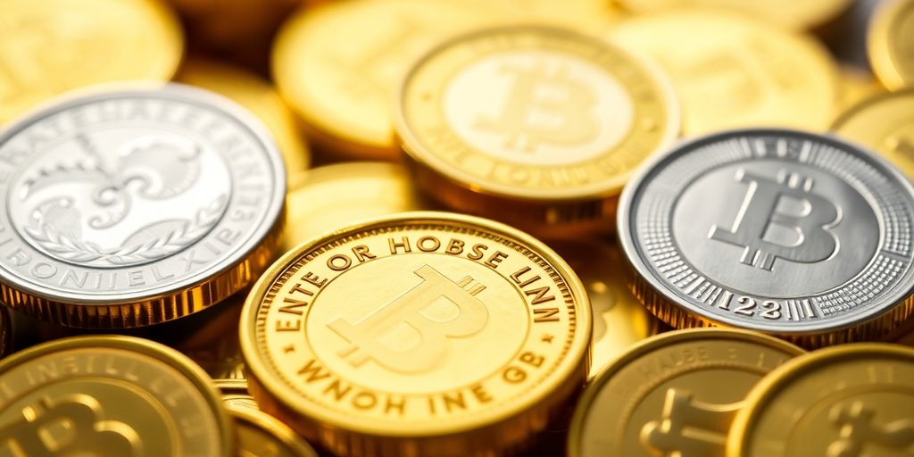 Pièces d'or et d'argent sur un fond flou.