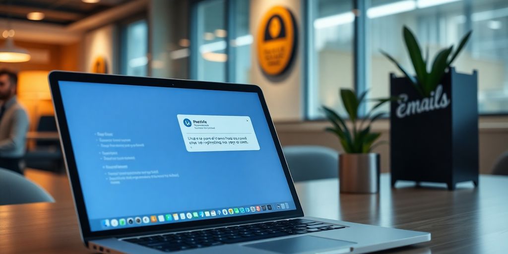 Espaço de trabalho profissional com laptop e notificações de email.