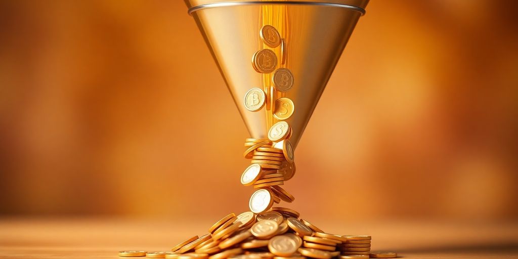 Automated sales funnel flowing with gold coins.