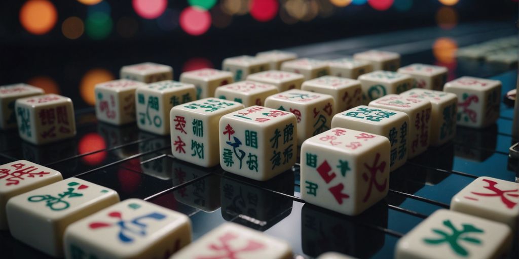 Mahjong tiles with intricate designs in a dark, atmospheric setting with floating musical notes.