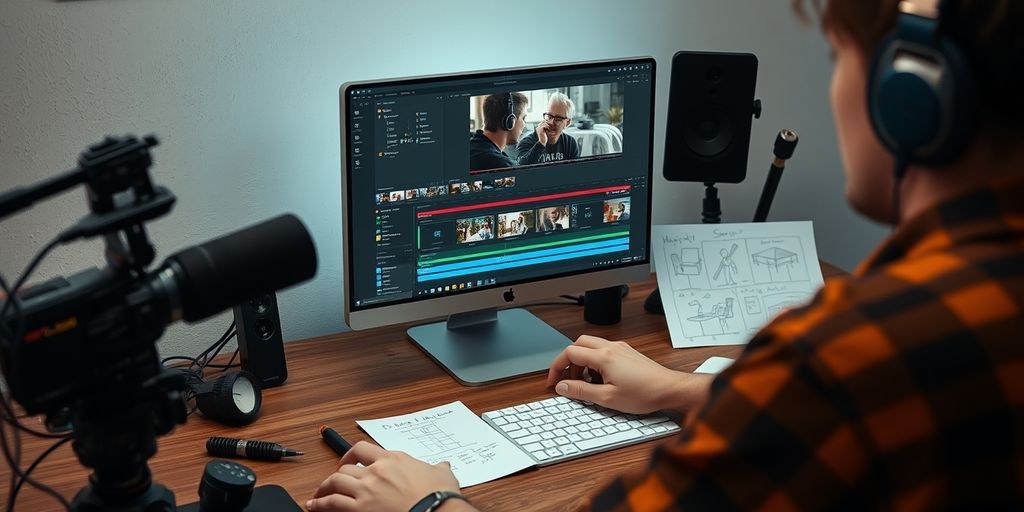 Person editing video on computer