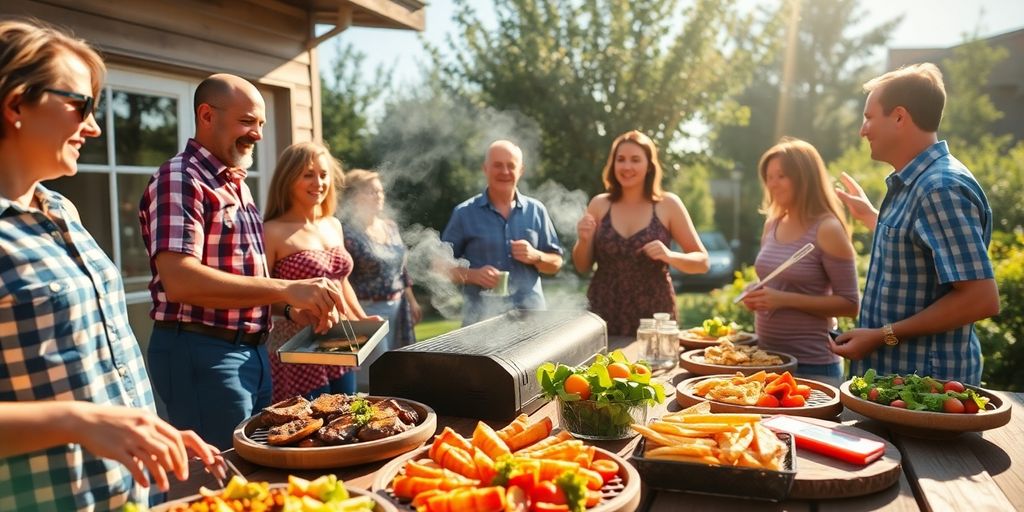 Des gens souriants profitent d'un barbecue ensoleillé.