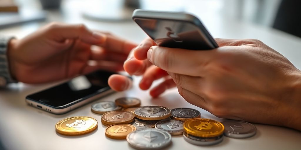 Hands holding a smartphone with crypto coins nearby.