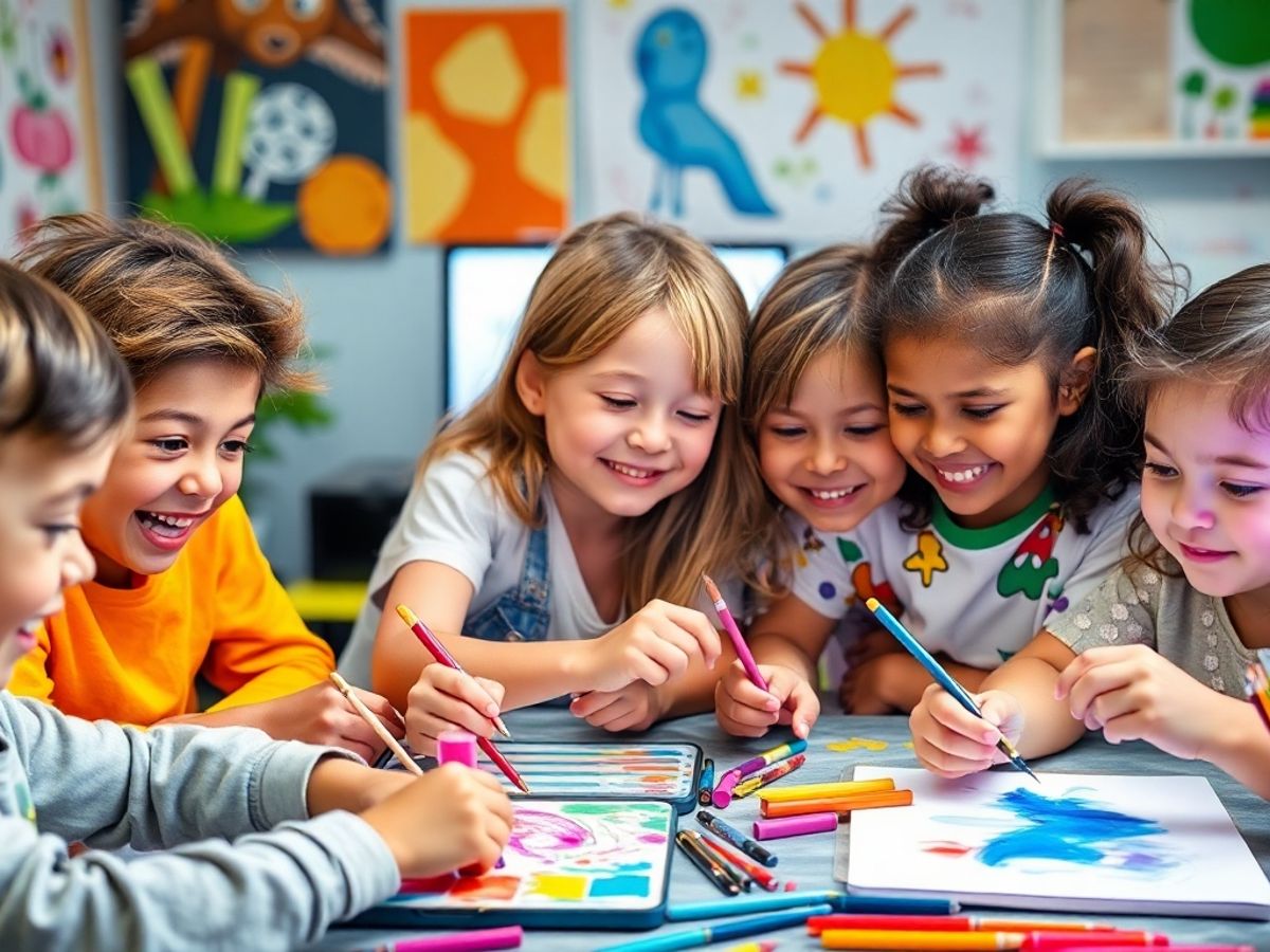 Copii creativi participând la activități online de artă.