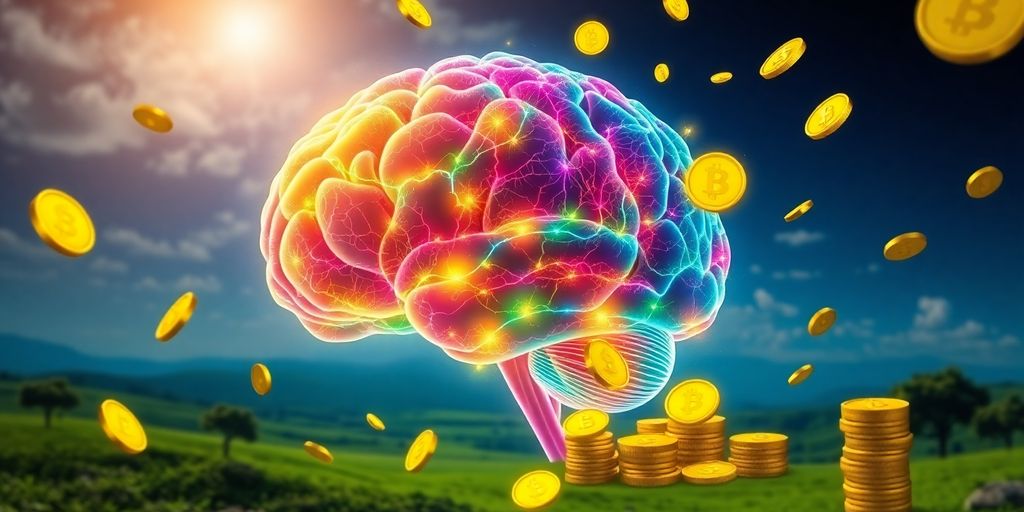 Colorful brain with coins, symbolizing wealth attraction.