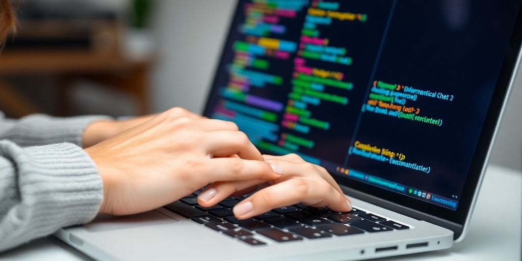 Laptop, code, and diverse hands.