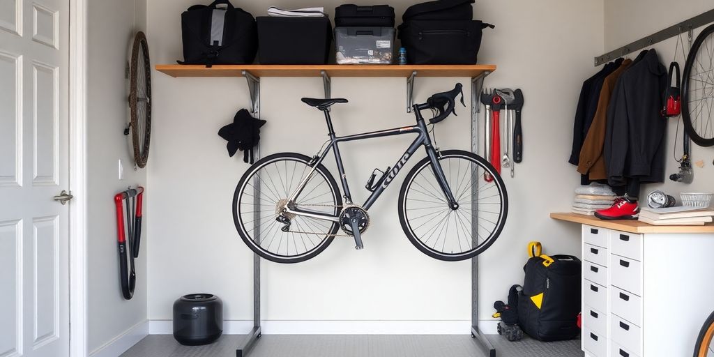 Modern floor bike mount in a tidy garage setting.