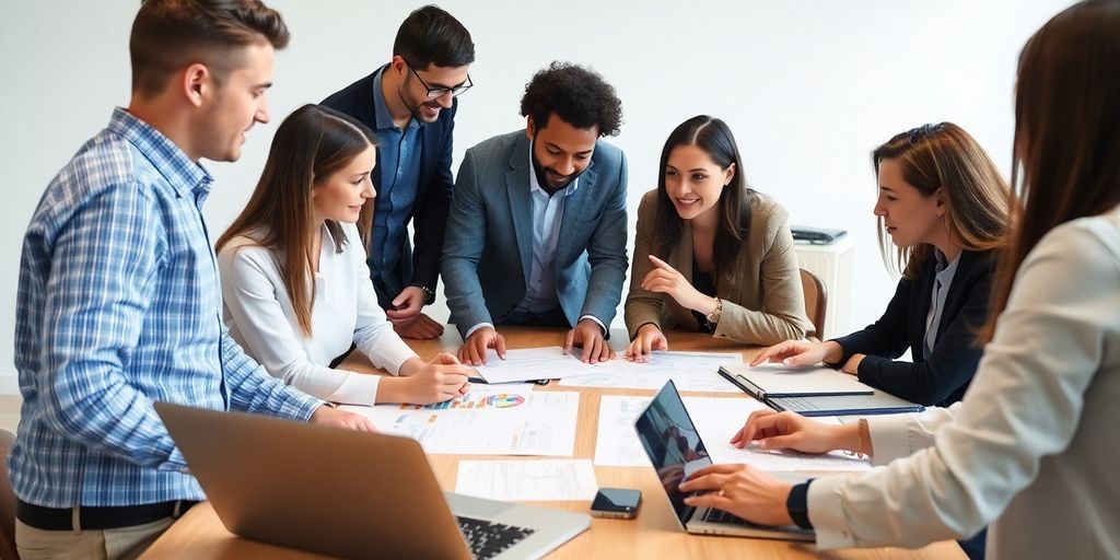 Team collaborating on a project in a modern office.