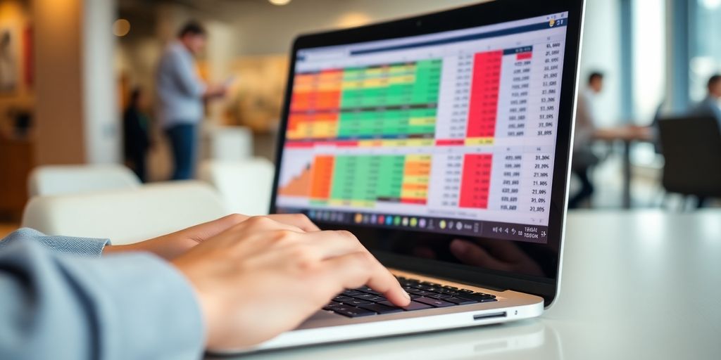 Laptop, spreadsheets, stock market data, financial growth.