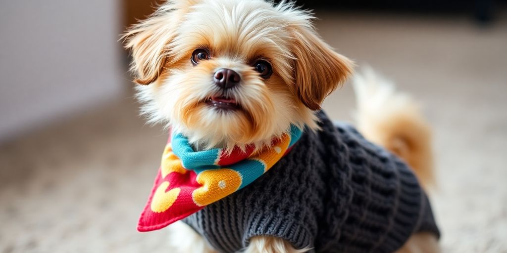 Small dog wearing a stylish sweater and bandana.