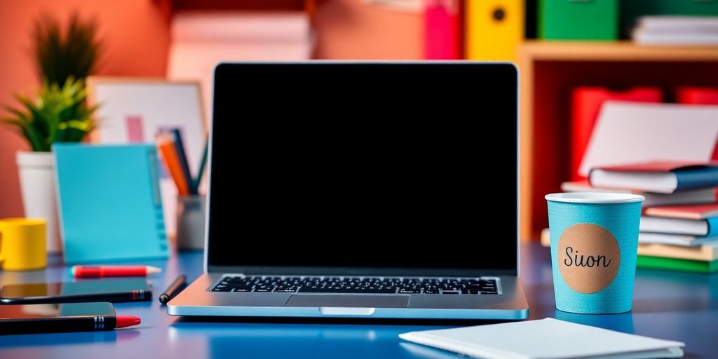 Workspace with a laptop and stationery for marketing.