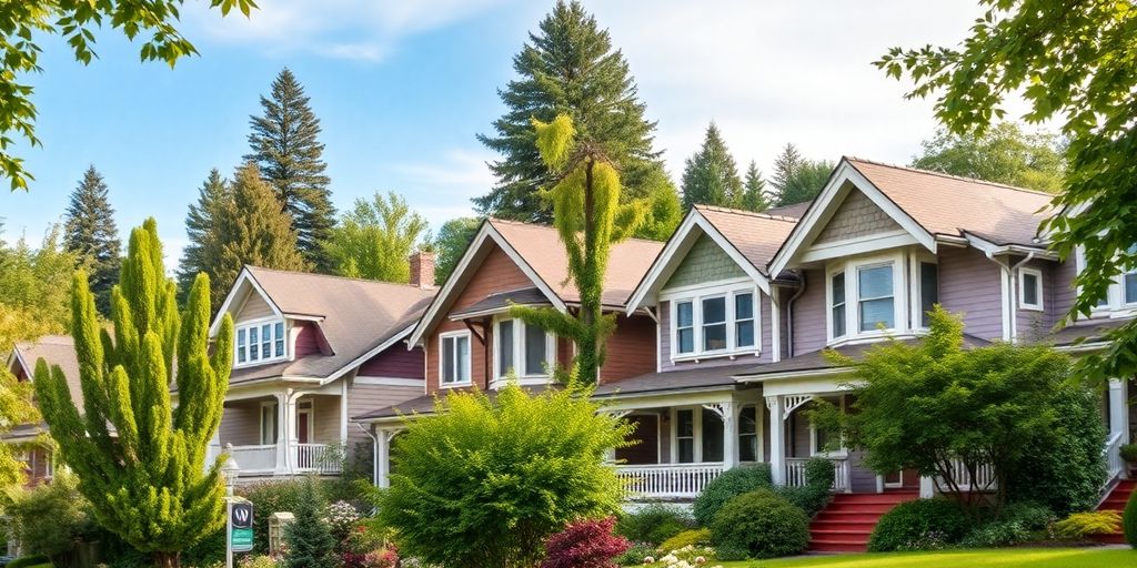 Charming Eugene neighborhood with diverse homes and greenery.
