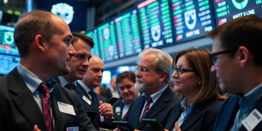 Traders engaged in active discussions on the stock exchange floor.