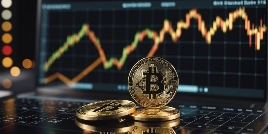Graph with crypto coins and referral icons trending upward.