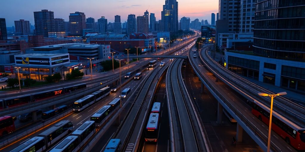 Buses, trains, and bikes moving through a city.