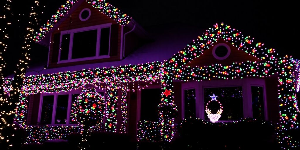 Festive house with bright Christmas lights.