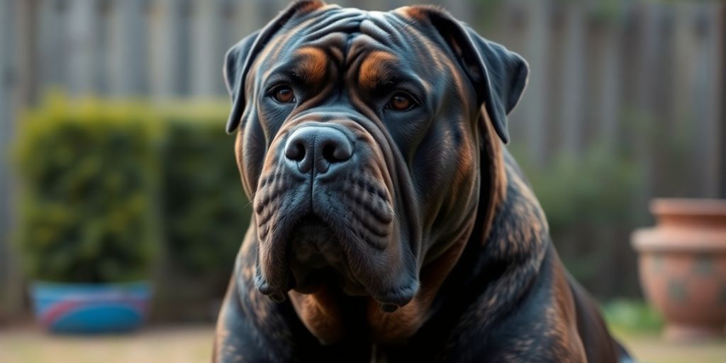 Muscular dog in a backyard, showcasing strength and loyalty.