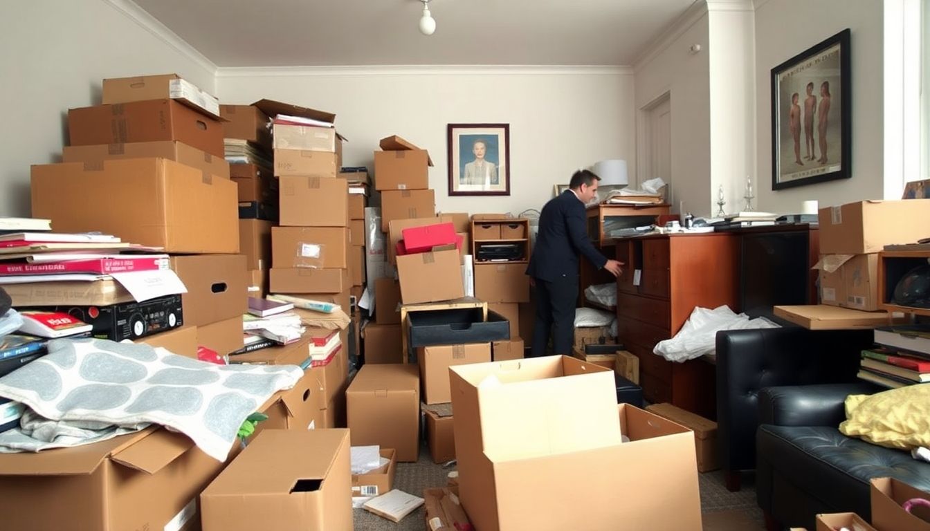Cluttered room being cleared with boxes and furniture.