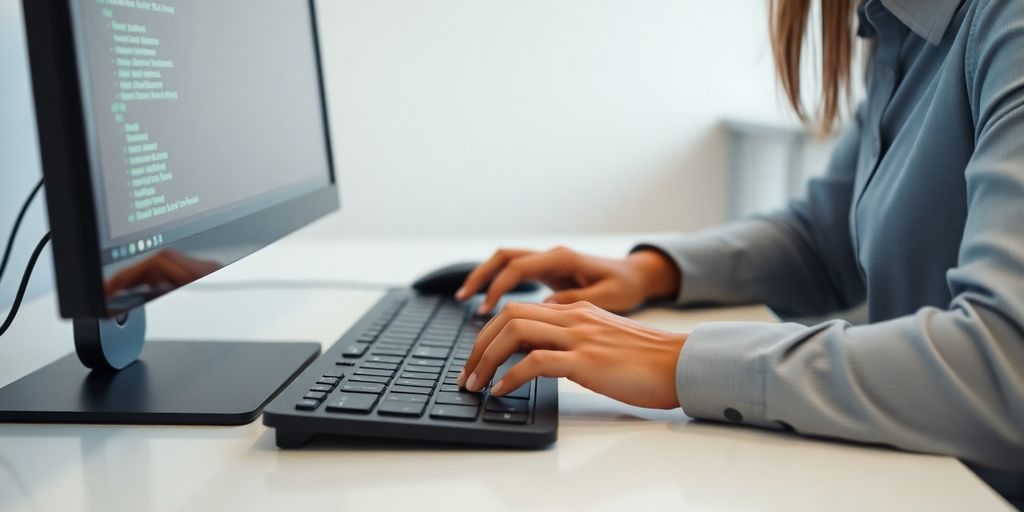 Person typing data on a computer.