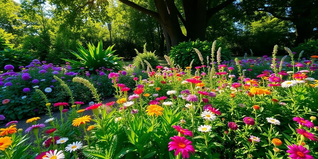 Bunte Blumen und grüne Blätter im Halbschatten