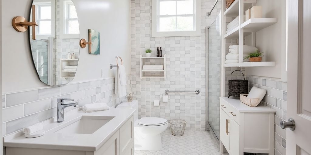 Modern bathroom with stylish storage and bright design.