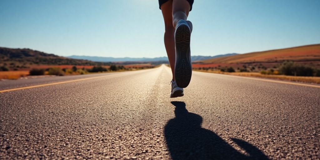 Runner's legs moving on a long road