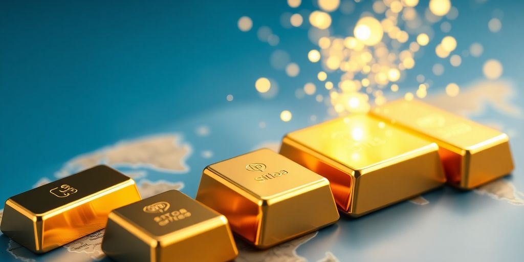 Lingots d'or numérisés flottant au-dessus d'une carte du monde