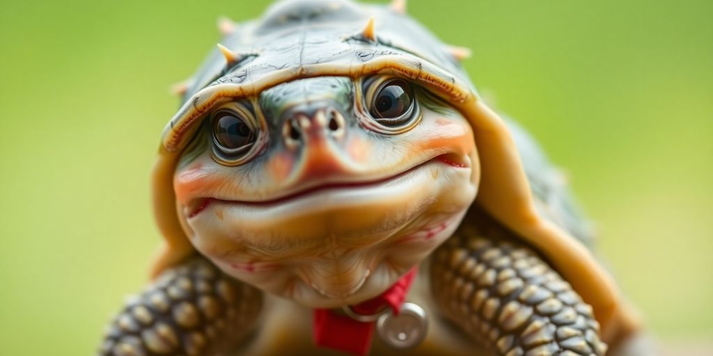 A happy turtle with a spiky shell and a red collar.