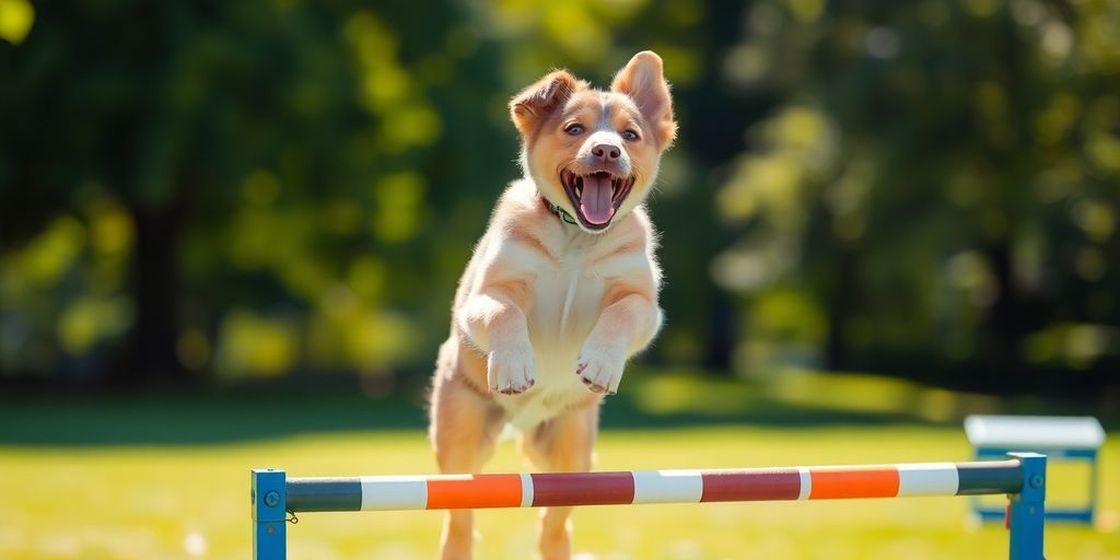Happy puppy learning agility in a sunny park.