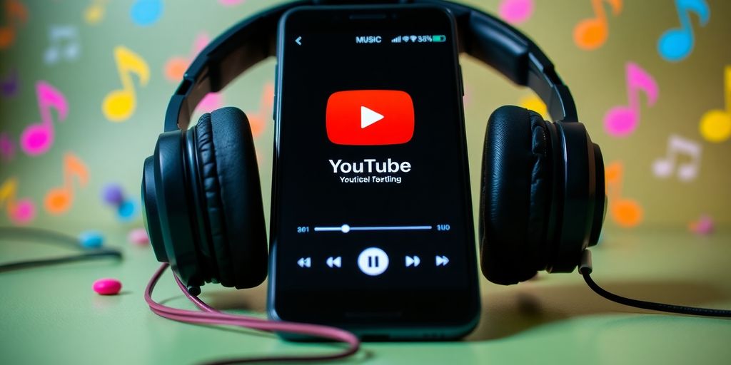 Headphones and smartphone with music notes in background.