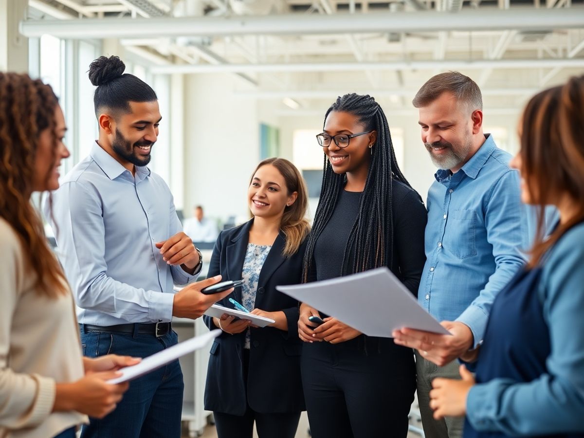 Grup divers de muncitori colaborând într-un birou modern.