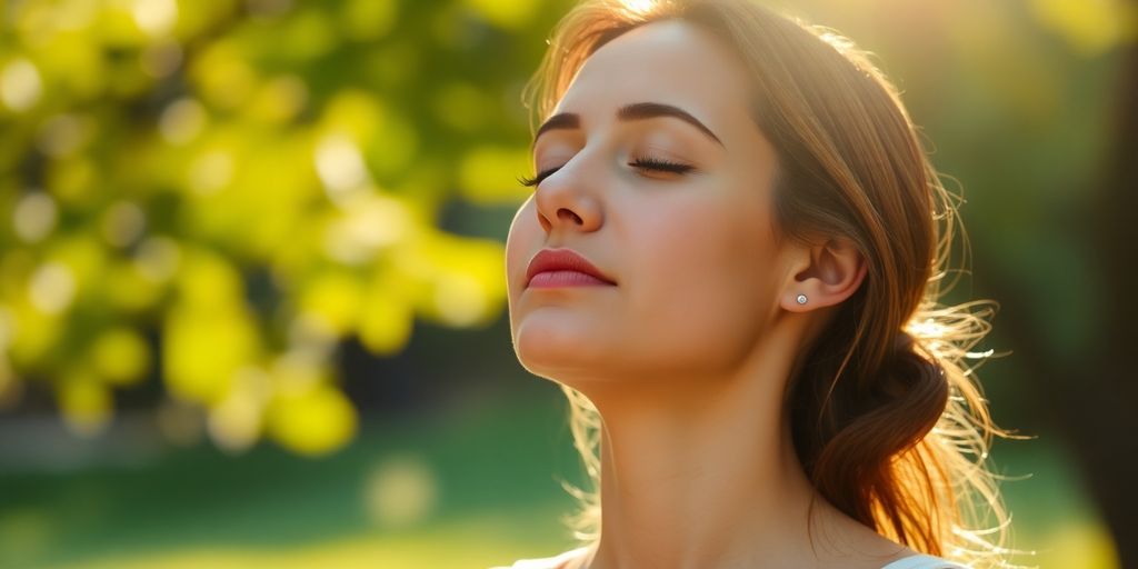 Woman meditating peacefully outdoors.