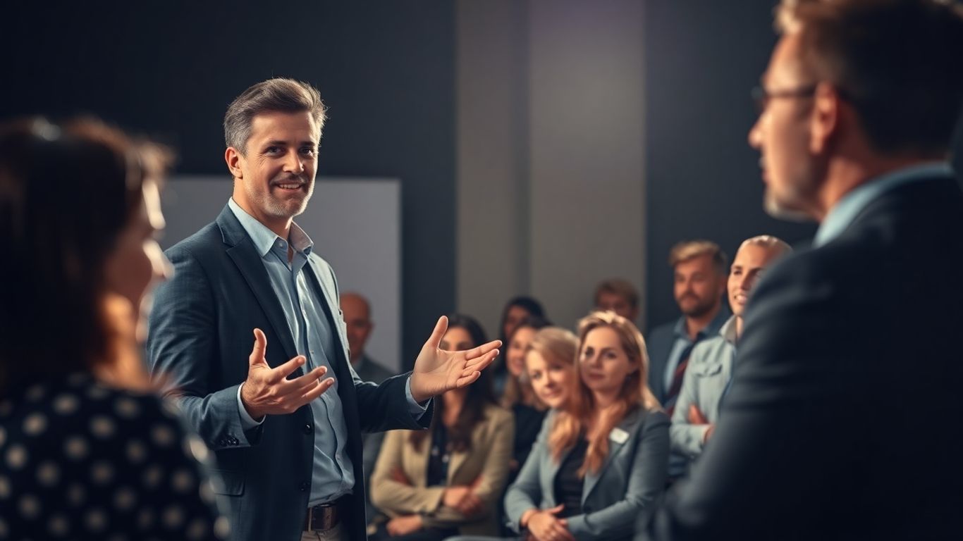 Confident presenter engaging with an attentive audience.